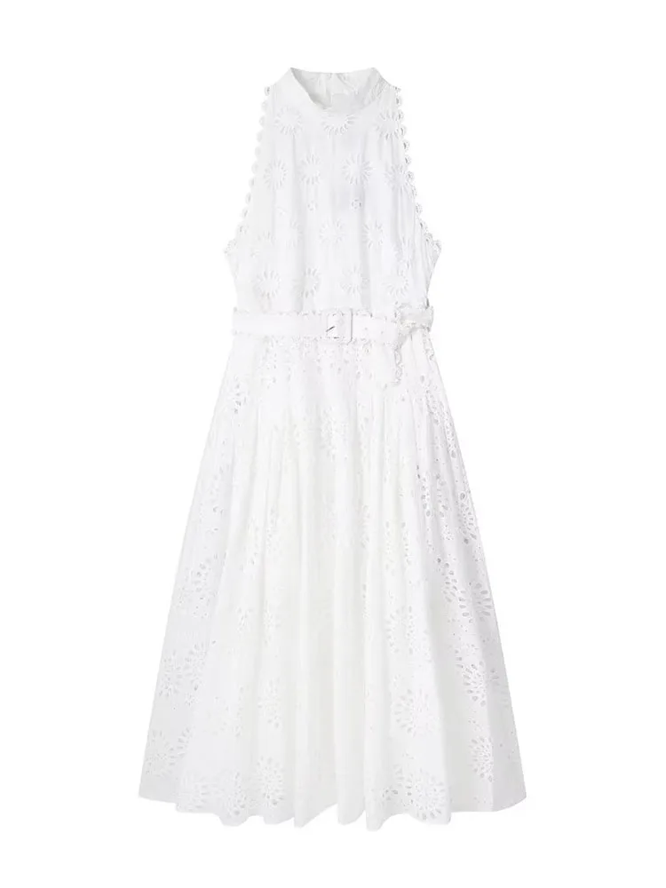 

Willshela Women Fashion With Belt Embroidery Hollow Out Back Zipper Midi Dress Vintage O-Neck Sleeveless Female Chic Dresses