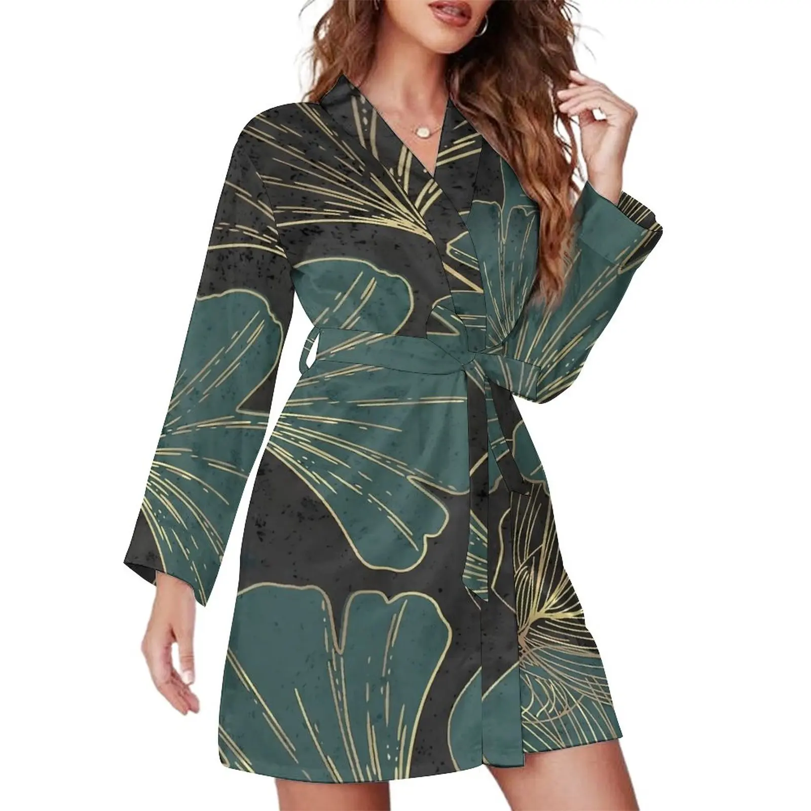 

Gingko Biloba Pajama Robe Leaves Art Print Long-Sleeve Trendy Pajamas Robes Woman V Neck Casual Bathrobe Spring Pattern Dress