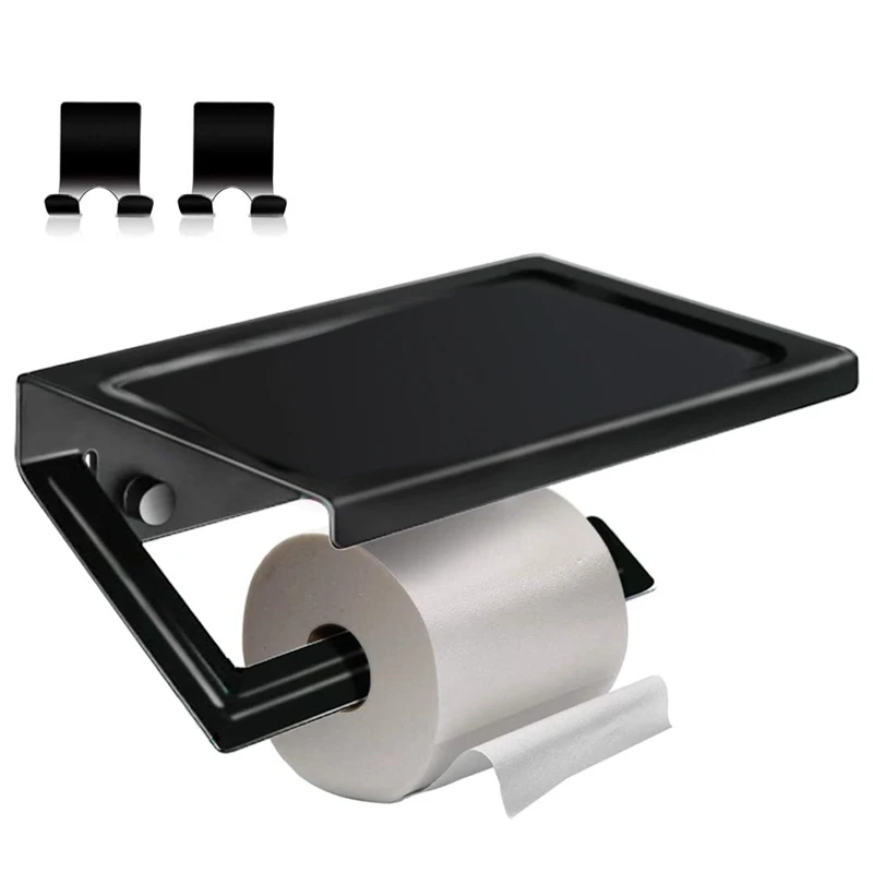 

Matte Black Toilet Paper Holder Adhesive, Wall Mounted Toilet Paper Roll Holder With Shelf, Wall Mounted For Bathroom