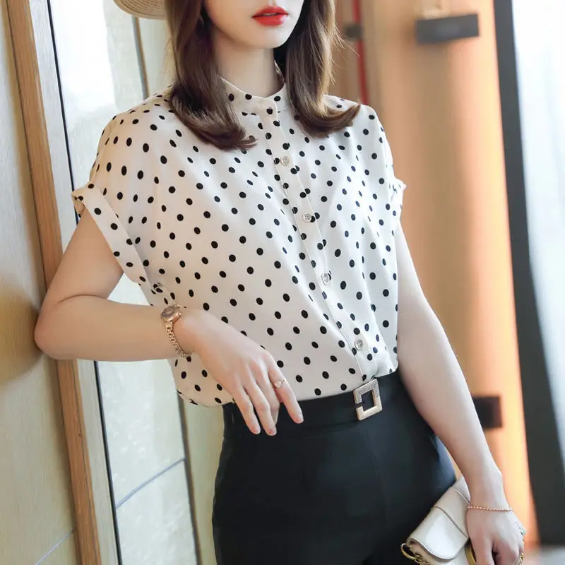 Fashion Printed O-Neck Button Batwing Sleeve Polka Dot Shirt Women's Clothing 2023 Summer New Casual Tops Office Lady Blouse
