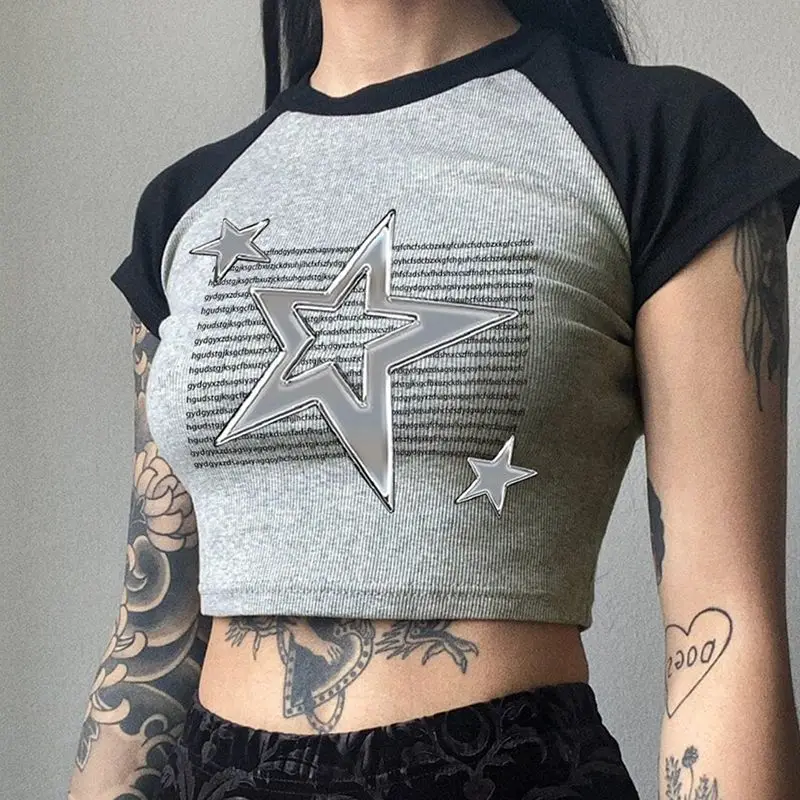 

Street Metal Style Pentagram Vest Patchwork Color O-neck Short-sleeved T-shirt 2023 Summer New Slimming Short Sexy Crop Top