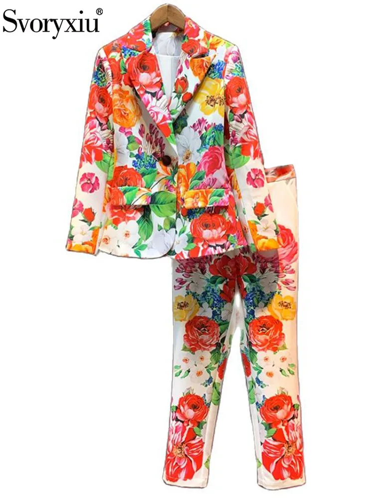 

Женский костюм с цветочным принтом Svoryxiu, разноцветный элегантный офисный костюм из двух предметов, блейзер на одной пуговице с длинными рукавами и брюки на лето 2019