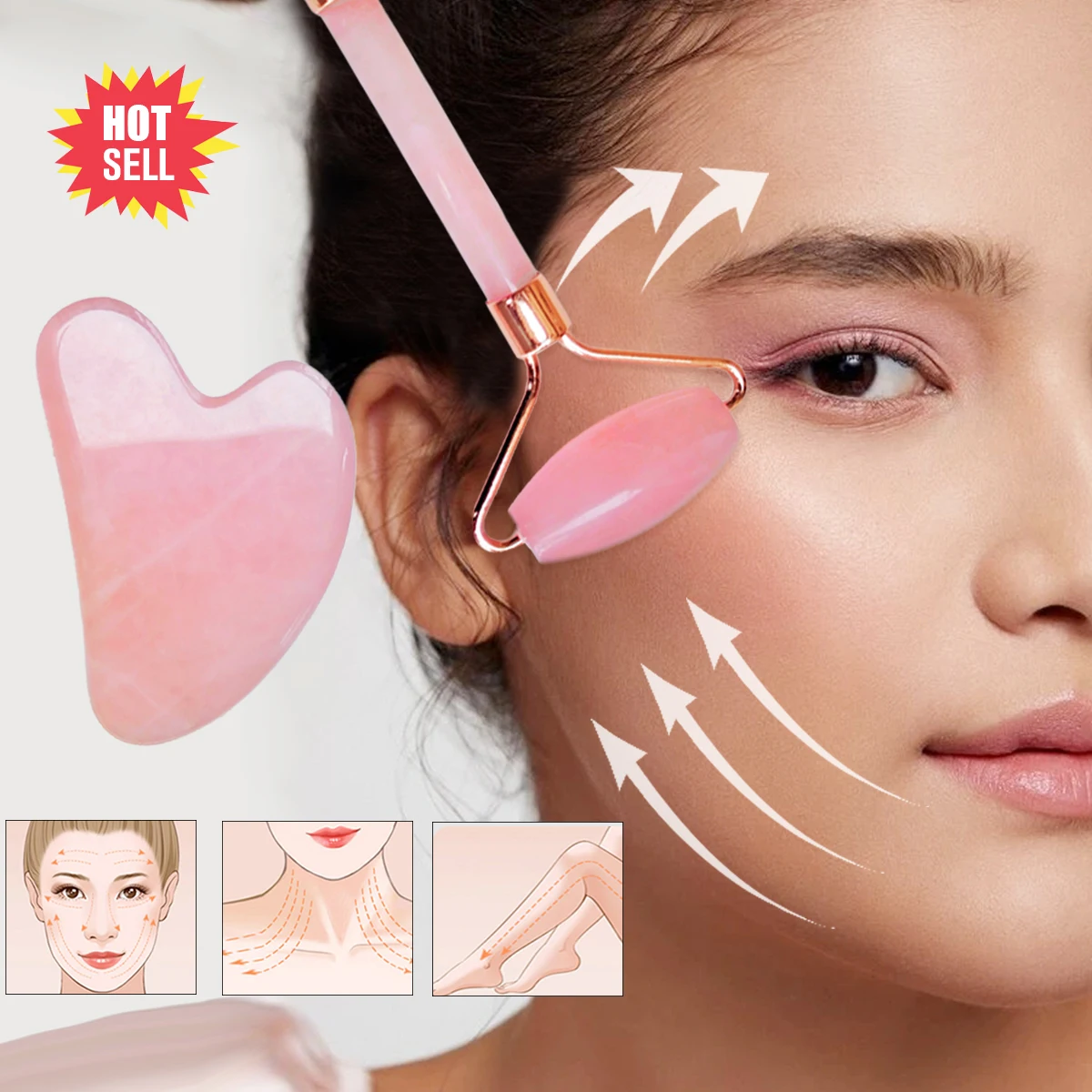 

Gua Sha Natural Pink Jade Massage Roller Rose Quartz Roller Scraper Set Face Massage Tool Body Slimming Lifting Skin Care Tool