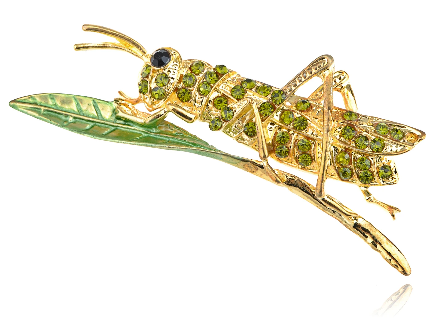 Golden Dark Green Crystal Rhinestone Leaf Grasshopper Locust Cricket Pin Brooch