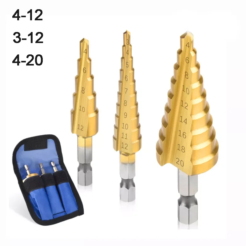 

HSS High Speed Step Drill Bit Straight Groove Titanium Coated Wood Ceramic Tile Metal Hole Cutter Power Tools Set 4-12 4-20 4-32