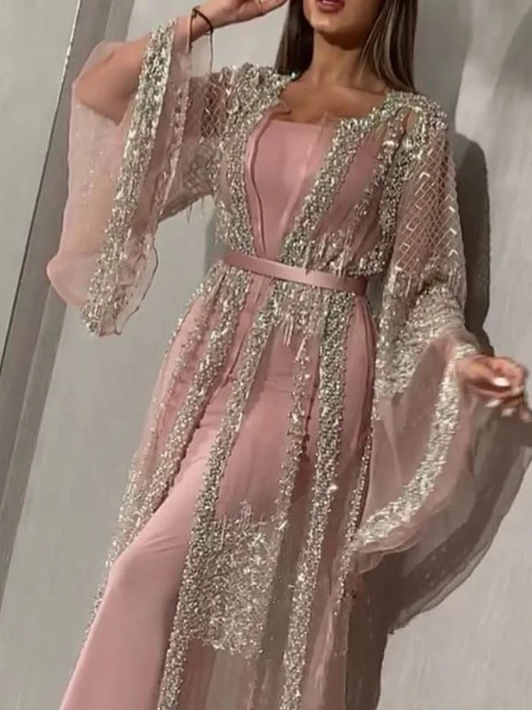 2022 Abaya Dubai Muslim Dress Luxury High Class Sequins Embroidery Lace Ramadan Kaftan Islam Kimono Women Black Maxi Dress