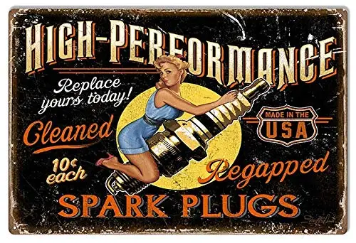 

Metal Tin Sign High Preformance Spark Plugs Pin Up Girl Pub Outdoor Bar Retro Poster Home Kitchen Restaurant Wall Decor Signs 12