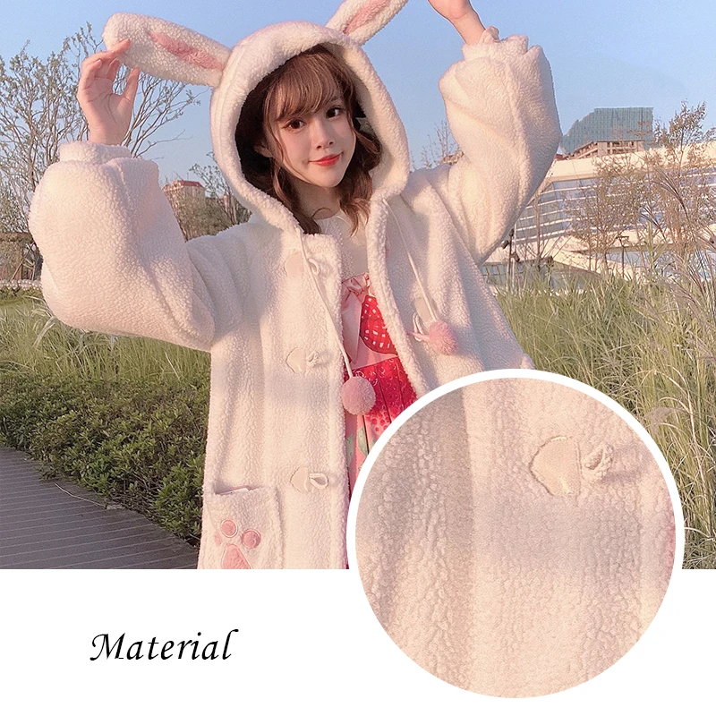 Anbenser Women Lolita Coats Japanese Sweet Autumn Winter Rabbit Ears Warm Soft Plush Cute Cat Kawaii Hooded Jackets Outwear