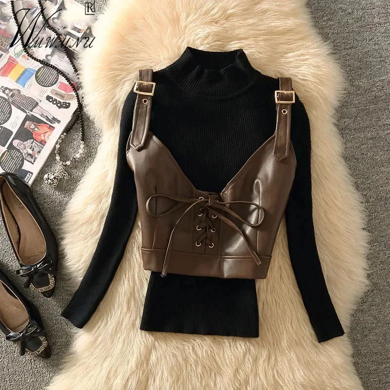

PU Leather Sexy Vest+Sweater Sets Design Slim Knitted Two Piece Set Women Outfits Korean Bandage Suspenders Crop Tank Tops Suit