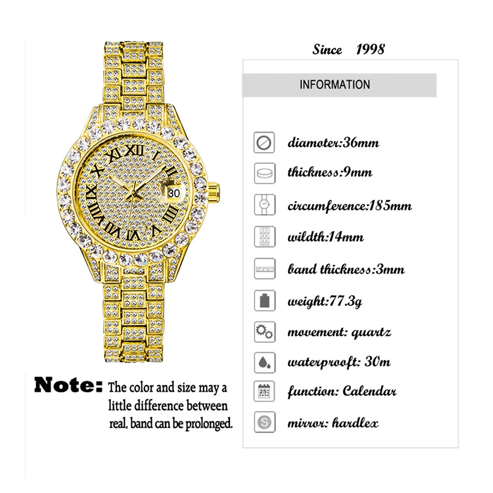 2Pcs Watch Bracelets Luxury Cubic Zirconia Stainless Steel Watches Hip Hop Fashion High Quality Stone Bracelet Set With Box