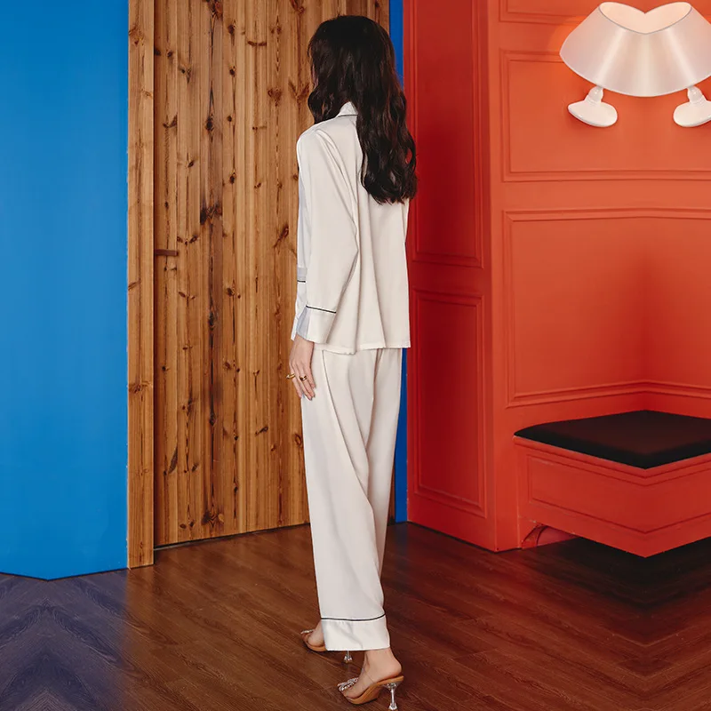 Roseheart New Blue Sexy Women Cotton Turn-down Neck Sleep Nightwear Suits Night Pajama Sets Sleepwear 2 Pieces Long Homewear