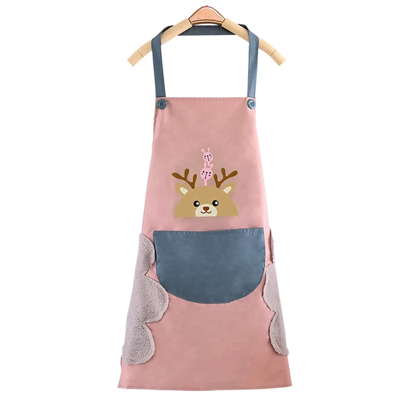 

Lovely Pink Deer Aprons for Women with Pockets 2 Side Coral Velvet Towels Waterproof and Oil-Proof Cooking Kitchen