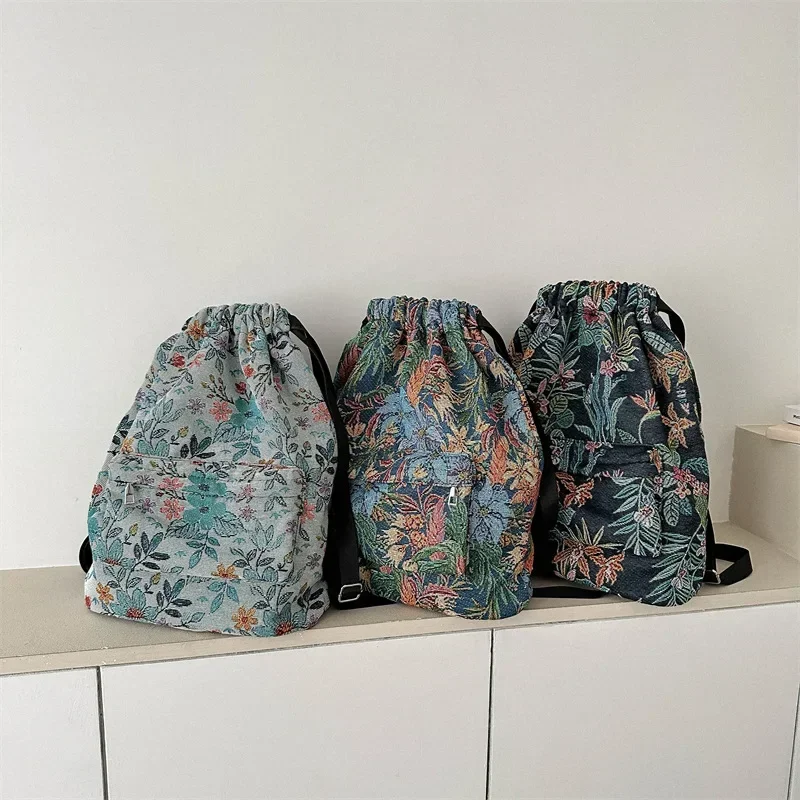 

Women's Drawstring Backpack Retro Flowers Large Capacity Portable School Backpack Fashion Travel Waterproof Shopping Handbag