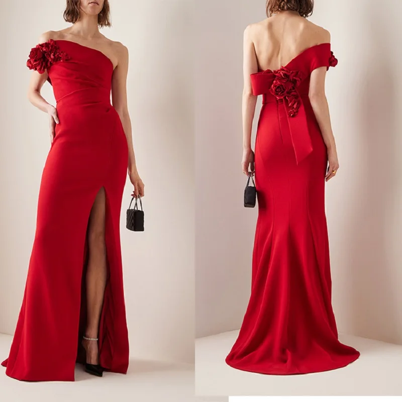 

Wepbel Off Shoulder Slim Fit Slit Dress Women Sleeveless Solid Color Bodycon Full Length Dresses High Waist Party Formal Dress
