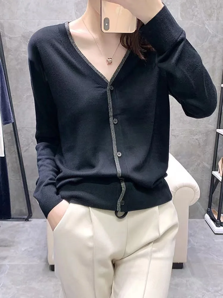 

Women Gold border Cashmere Cardigans Sweater V-neck Spring Autumn Knitted Cashmere Cardigans Single Breasted Womens Coat 2023