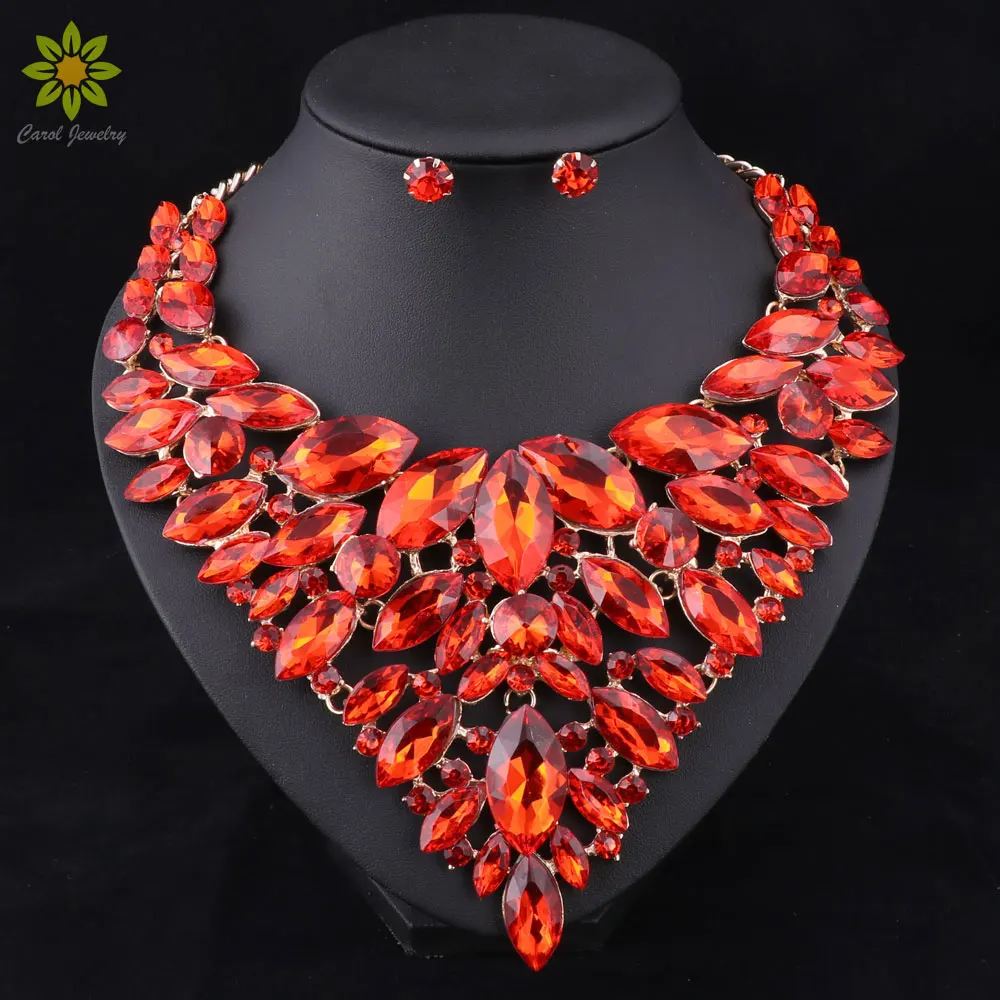 

2022 Fashion Nigerian Wedding African Beads Jewelry Sets Red Crystal Necklace Earrings Set Party Wedding Dubai Jewelry Set