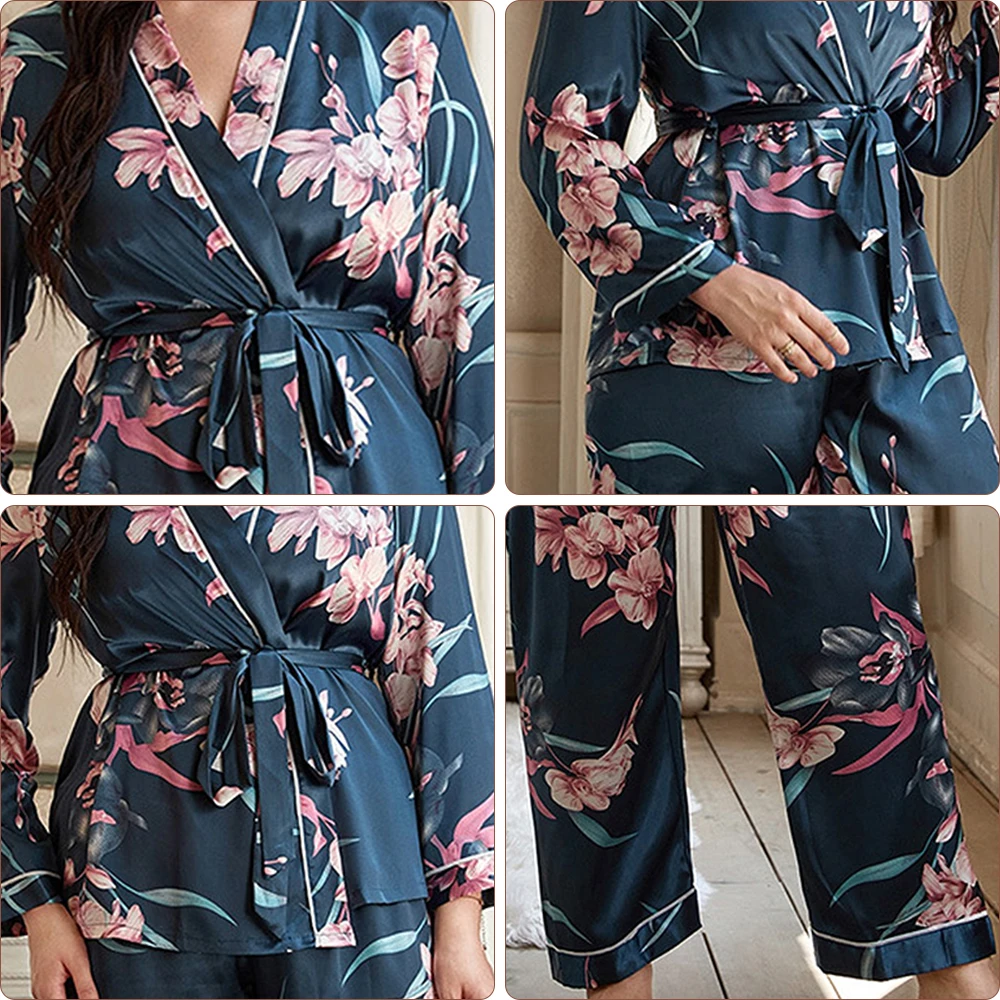 Plus Size Pajamas Women's Cardigan Lace up Robes Pants Casual Loose Fit Home Furnished Ladies Set Can Be Outworn Satin Sleepwear