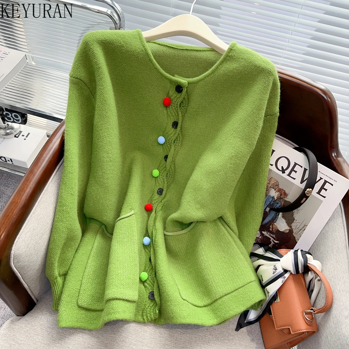 

Винтажный вязаный кардиган с волнистыми краями, женский новый осенне-зимний свободный однобортный свитер свободного кроя с круглым вырезом и длинным рукавом, пальто 2023