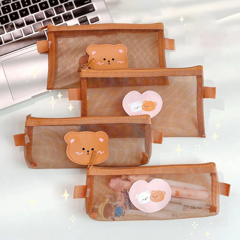 

1pc Cute Bear Transparent Pen Bag Kawaii Mesh Pencil Pouch Children's Pencil Case Korean Stationery School Office Supplies