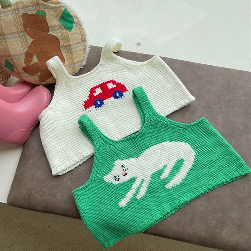 

deer jonmi 2023 Autumn Korean Style Baby Girls Cartoon Knitted Vests Suspenders Cute Toddlers Children Pullovers Tops Waistcoats