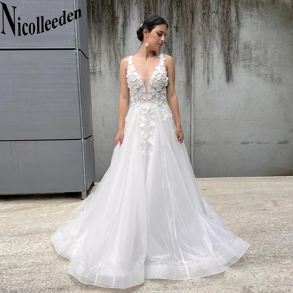 

Nicolle V-Neck Tulle Wedding Gown For Bride Classic Backless A-LINE Lace Appliques Sleeveless Court Train Vestidos De Novia