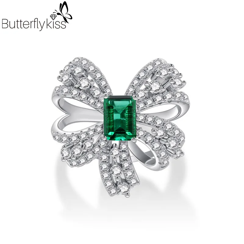 

Butterflykiss 925 Sterling Silver 5*7MM Created Emerald Gemstone Engagement Wedding Party Bowknot Women Ring Fine Jewelry Gift