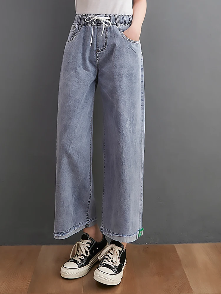 

Джинсы женские с широкими штанинами, модные однотонные Свободные повседневные штаны из денима в Корейском стиле, с эластичным поясом, тонкие брюки для отдыха, на лето