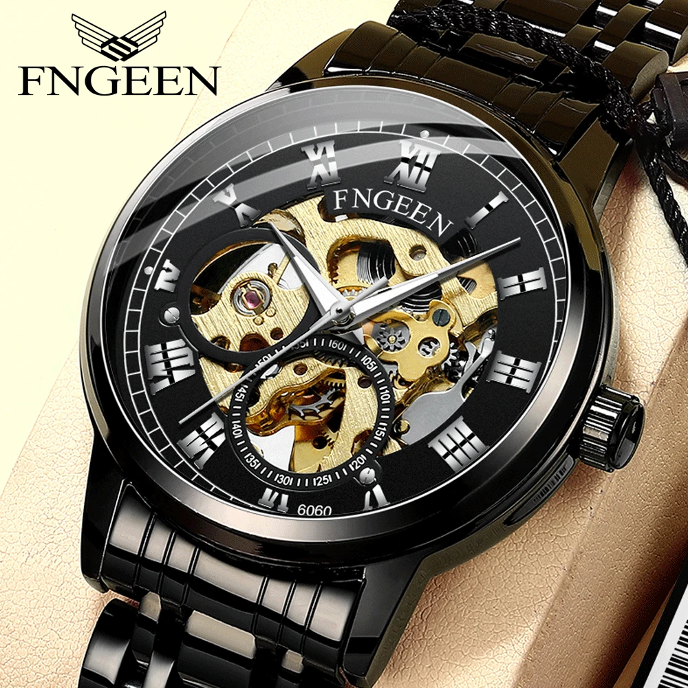

Fashion Hollow Out Dial Luminous Pointer Steel Strap Waterproof Leisure Watch Mens Automated Mechanical Watch