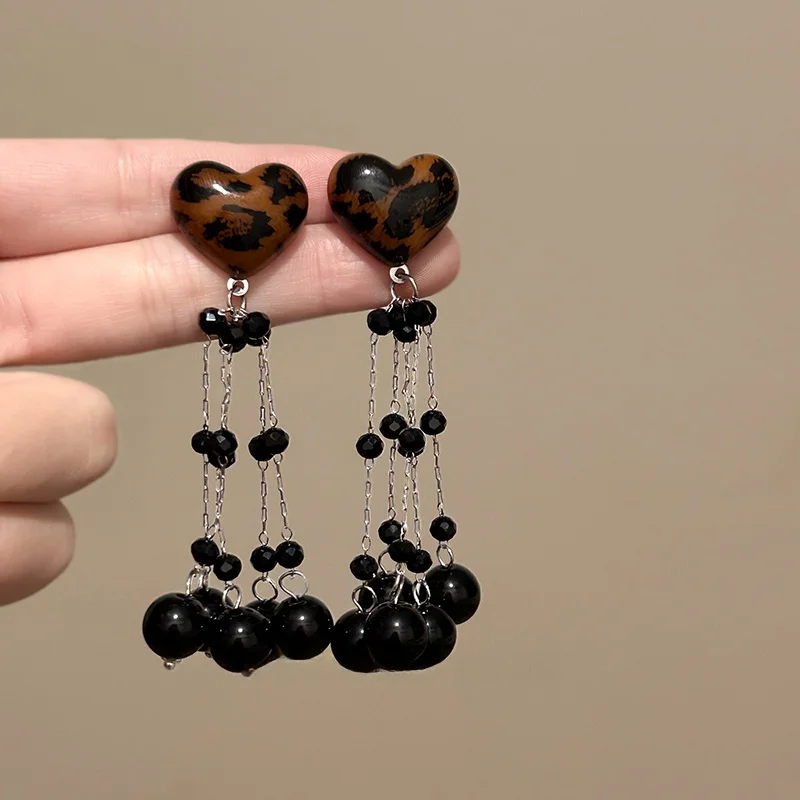 Серьги с кисточками в стиле ретро Love леопардовым принтом Personali черные