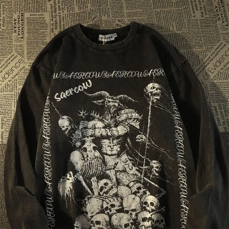 Vintage Men T-Shirt Streetwear Hip Hop Skeleton Graphic Print Punk Gothic Washed Tshirt  Casual Loose Long Sleeve Shirt Couples