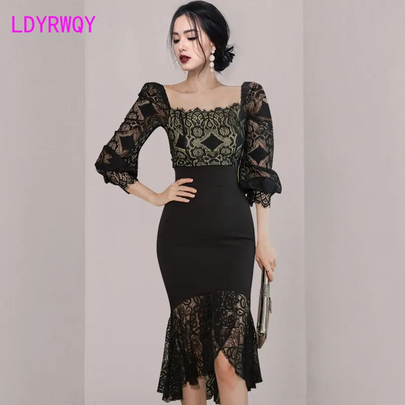 

Two-piece 2023 spring Korean slim lace top with waistband and buttock stitching fishtail skirt suit for women