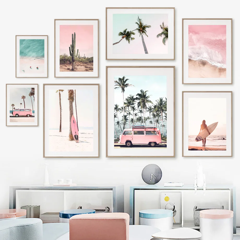

Pink Car Beach Surfboard Natural Palm Landscape Nordic Poster And Prints Wall Art Canvas Painting Decor Pictures For Living Room