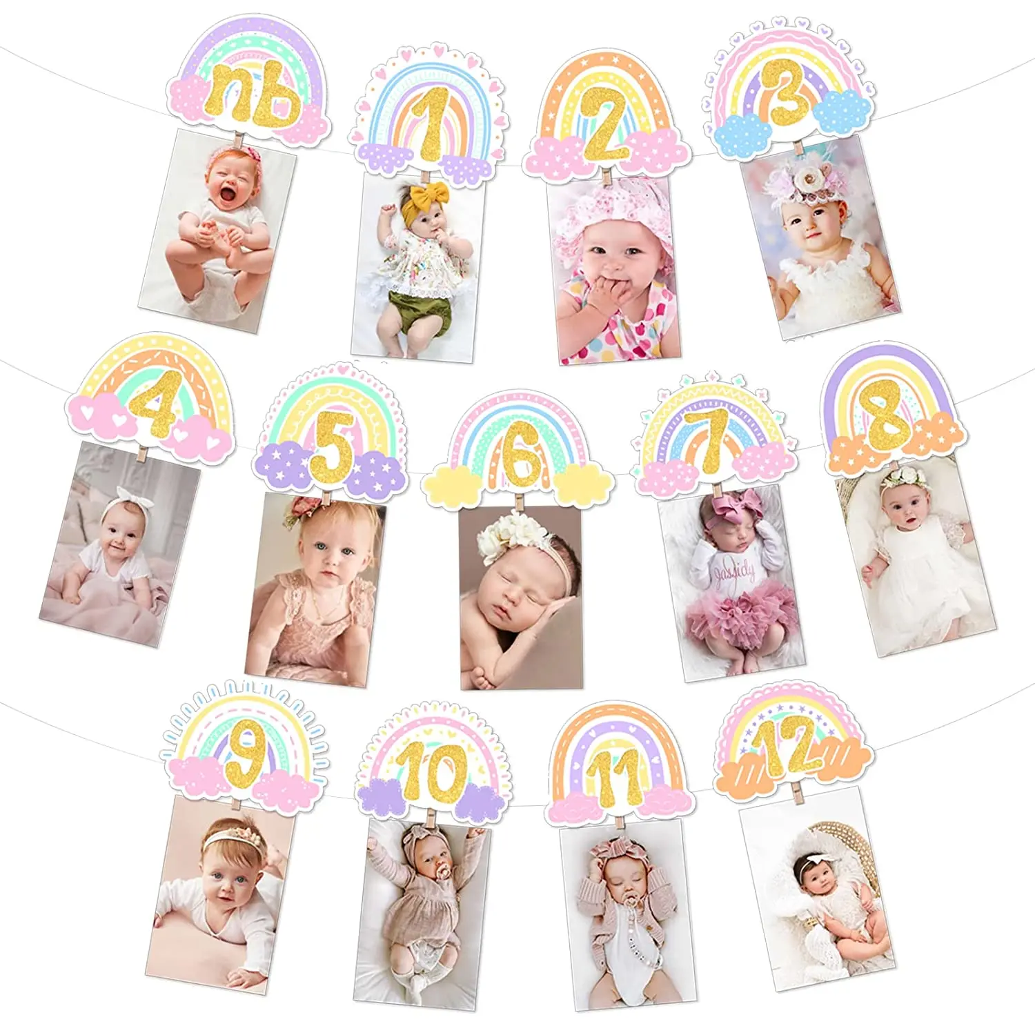 

Rainbow 1st Birthday Photo Banner for Girls From Newborn To 12 Months Growth Record Photograph Garland First Bday Party Decor