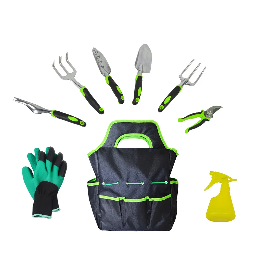

9 Pcs/set Garden Hand Tool Set Gardening Gloves Spade Fork Spray Bottle with Storage Bag