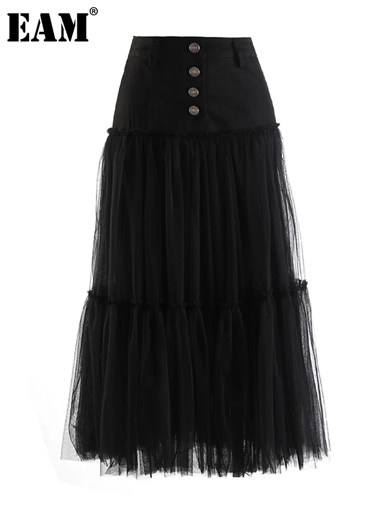 

[EAM] High Waist Black Button Mesh A-line Elegant Long Half-body Skirt Women Fashion Tide New Spring Autumn 2022 1DE8475