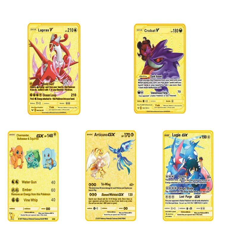 5pcsset not repeating pokemon gold cards english version vmax gx metal card battle carte trading game collection card kids toys free global shipping