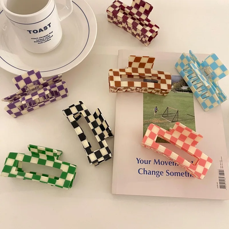 

New Hairpin Color Acetic Acid Chessboard Catch Clip Horsetail Clip Temperament Dish Hair Catch Shark Clip Hair Accessories