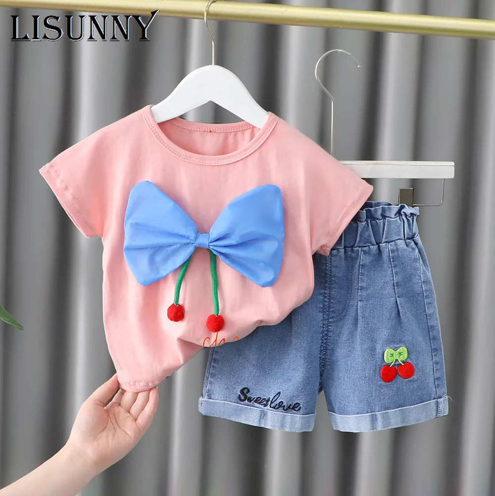 

2022 Summer Kids Clothing Sets Toddler Girls Clothes Short Sleeve Bow T Shirt Denim Shorts Infant Tracksuit Baby Outfits 0-4y
