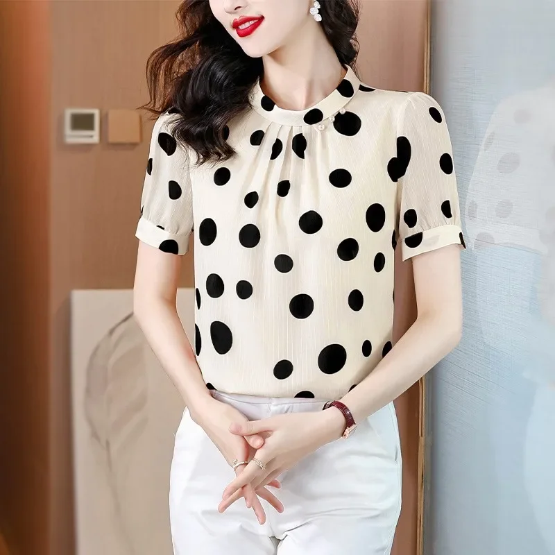 Модная шифоновая блузка в горошек с коротким рукавом женская летняя Новинка 2024