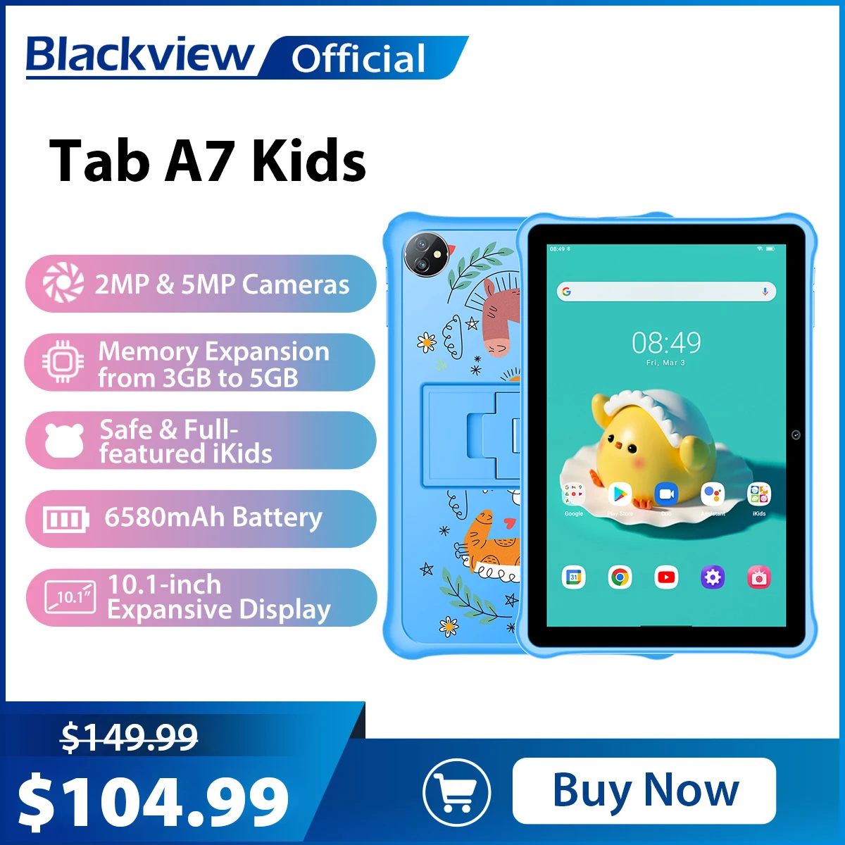 Blackview Tab A7 детский планшет на Android 12, четыре ядра, экран 10,1 дюйма, 3 ГБ + 64 ГБ