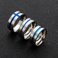 new stainless steel jewelry 8mm wide matte middle blue double beveled ring high quality simple mens fashion ring wholesale