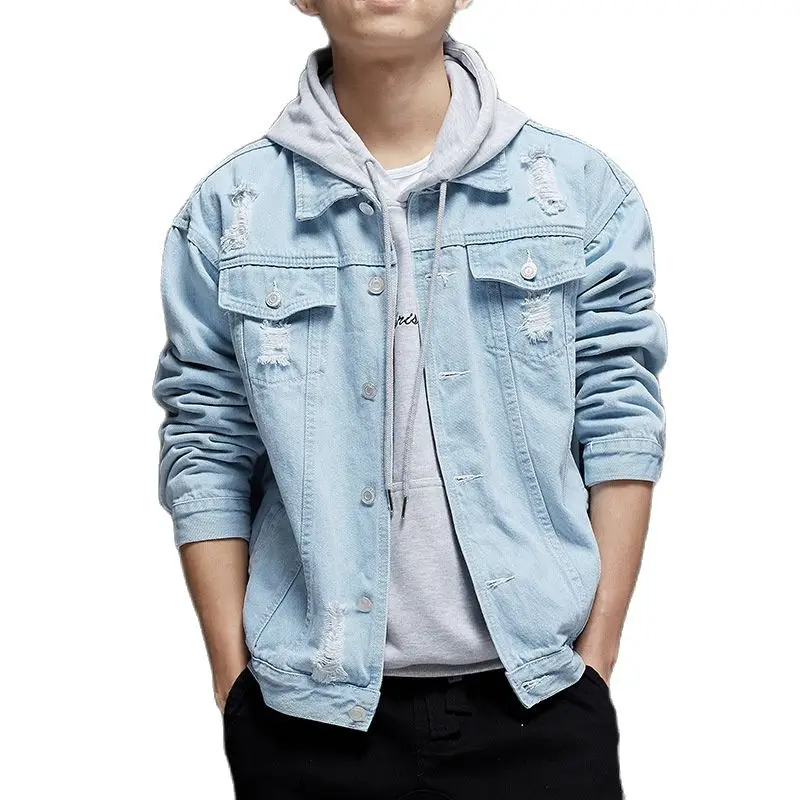 

Ripped Hole Male 2022 Spring Autumn Harajuku New Korean Loose Handsome Streetwear Denim Jackets Youth Jean Jacket Top