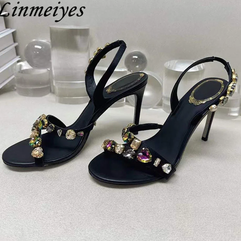 

Rhinestone High Heels Sandals Woman Black Champagne Summer Shoes Women Satin Stiletto Crystal Sandals Women Sandalias Mujer