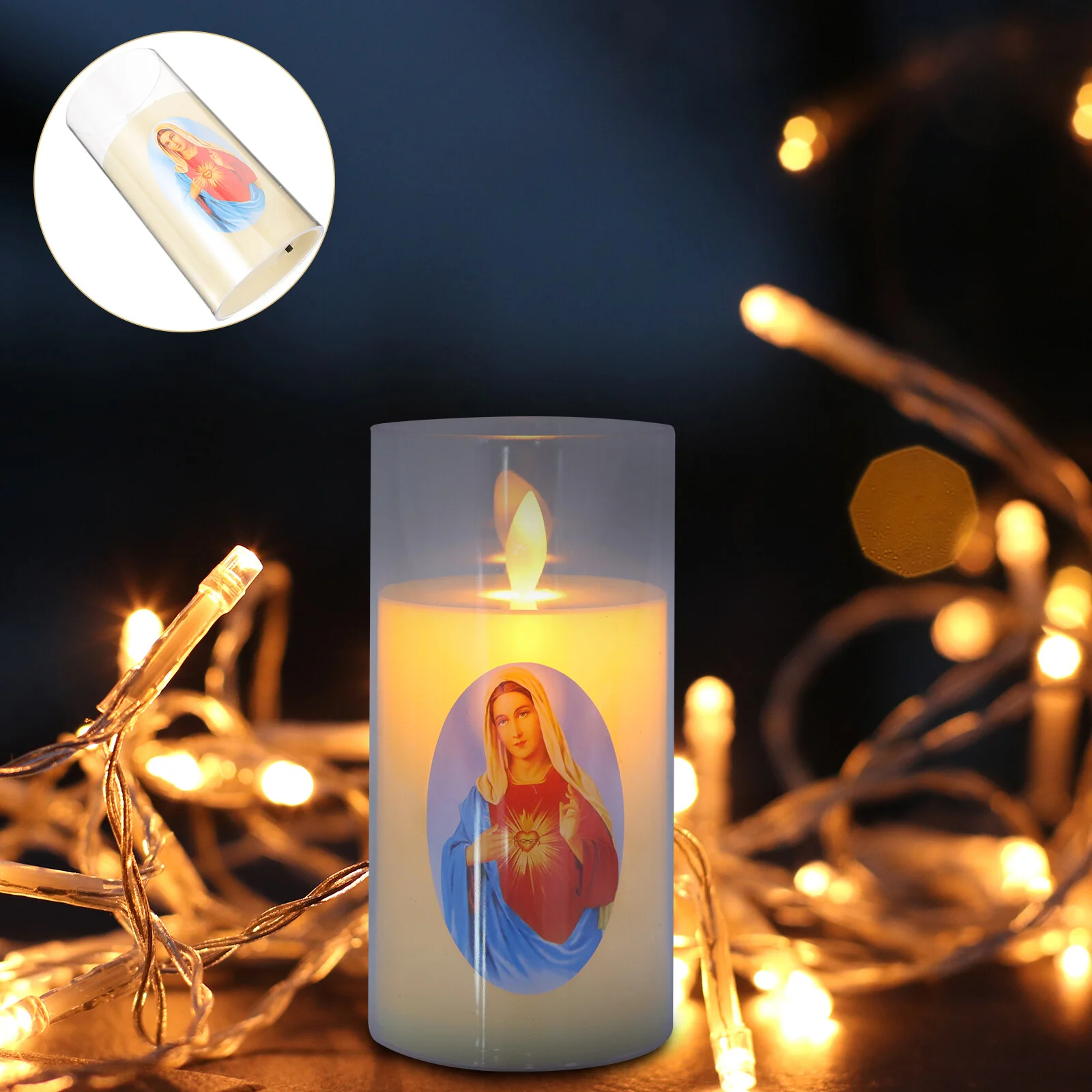

Virgin Mary Window Catholic Candles Blessed Prayer Operated Flickering Flame