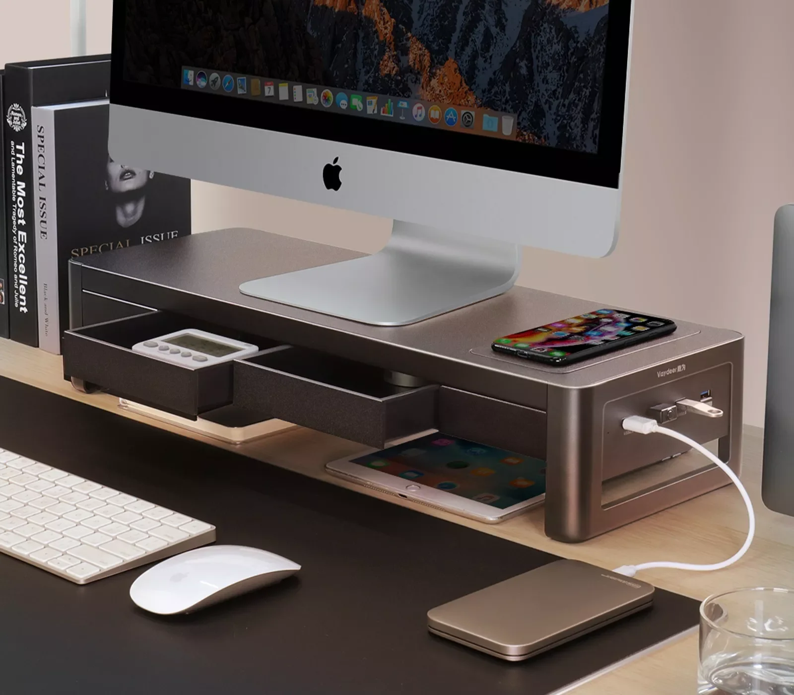 

NEW2023 New Monitor Stand Riser USB3.0 Hub Support Data Transfer and Wireless Charging with Drawer Storage Box Desk Organizer fo