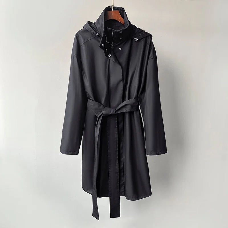 

Hooded cotton belt mid-length trench coat casual fashion 2023 autumn new style 0330