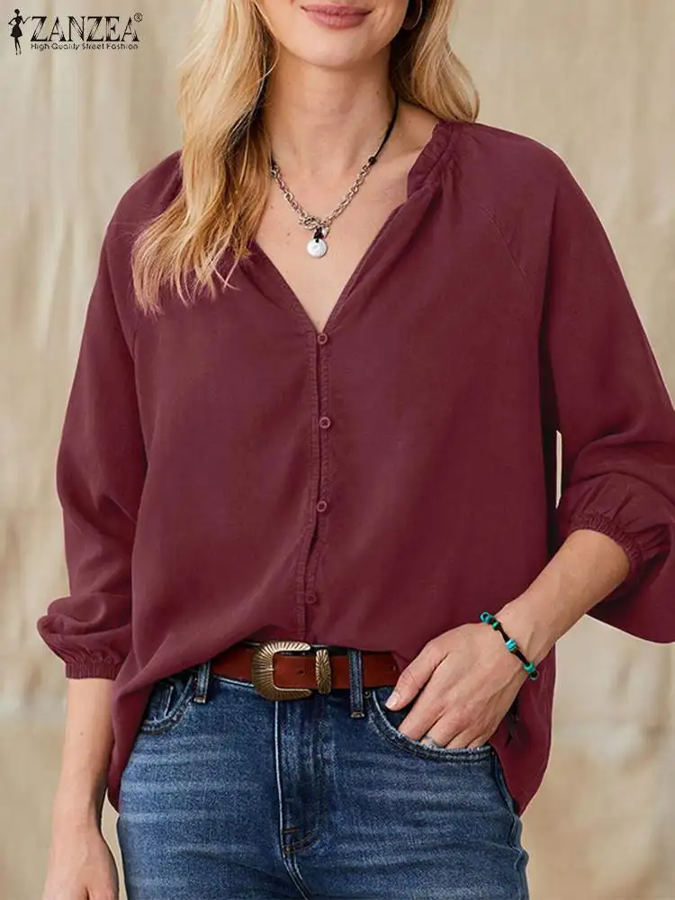 

Женская Элегантная блузка ZANZEA с пышными рукавами, весенние однотонные топы с V-образным вырезом и оборками, женские модные повседневные свободные блузы, Офисная рубашка 2023
