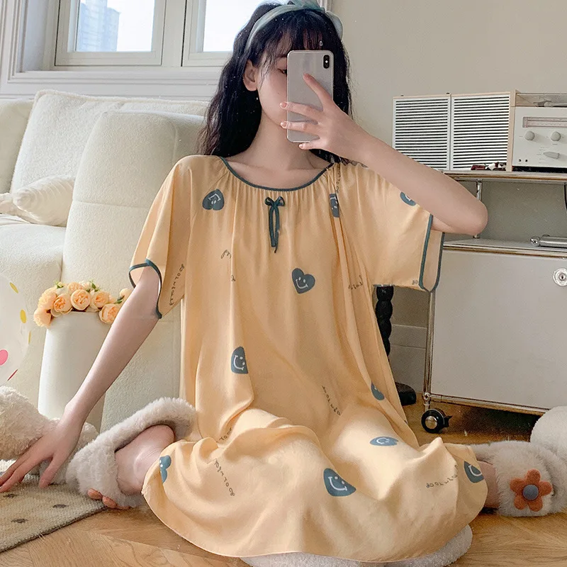 Short Sleeve Round-neck Nightgowns Casual Thin Loose Night Dress Attractive Women's Nightwear Big Size Clothing Homewear Print