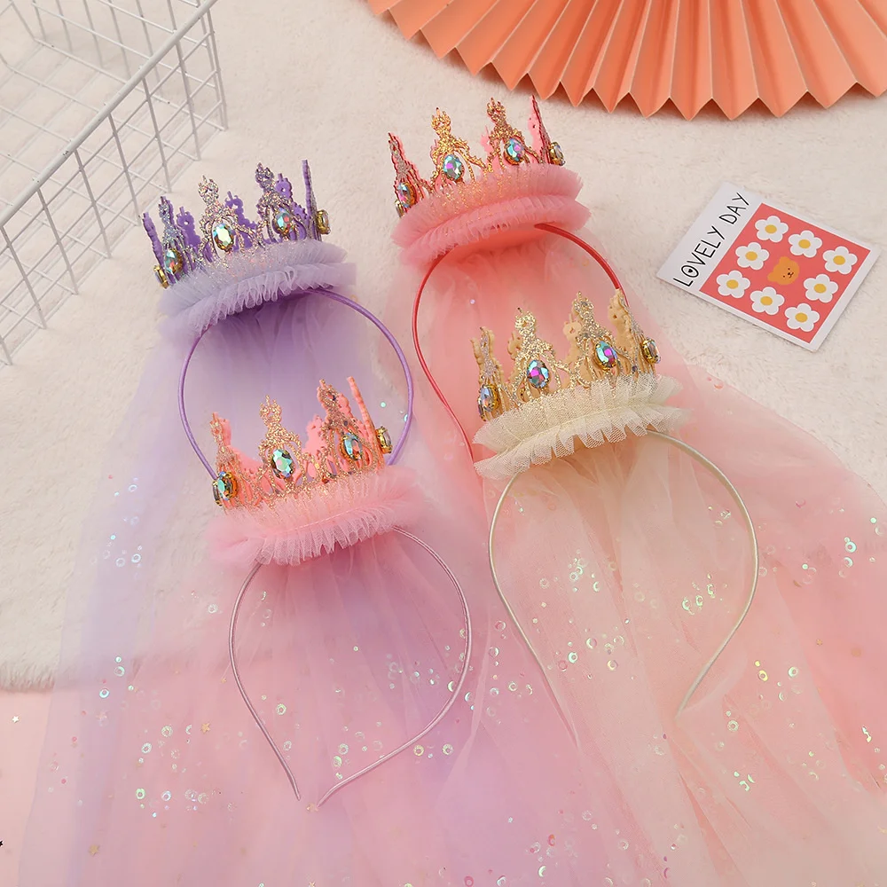 

Cute Headbands For Kids Girl Princess Hairband With Bling Yarn Colorful Rhinestones Veil Crown Hat Flower Party Hair Accessories