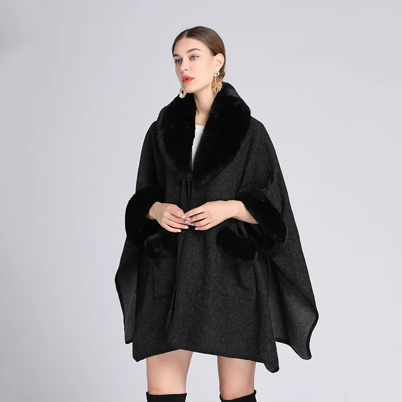 Winter New Women Woolen Coat Design Sense 7 Minutes Sleeves Large Pocket Fur Collar Shawl Cloak Plus Velvet Warm Large Size Coat